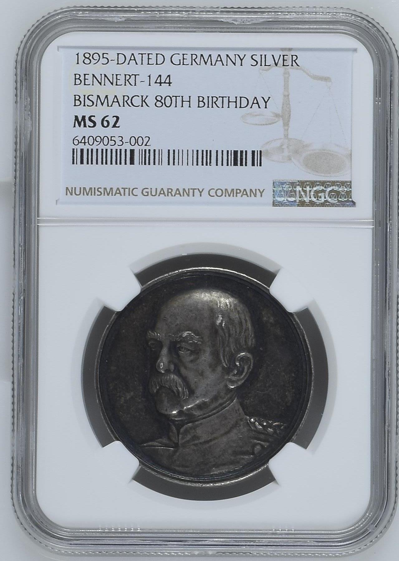 长老汇龙年精选第十场拍卖 1895-DATED 德国铁血宰相俾斯麦80寿辰纪念银章，NGC MS62分，N盒唯一记录，背面设计别出心裁