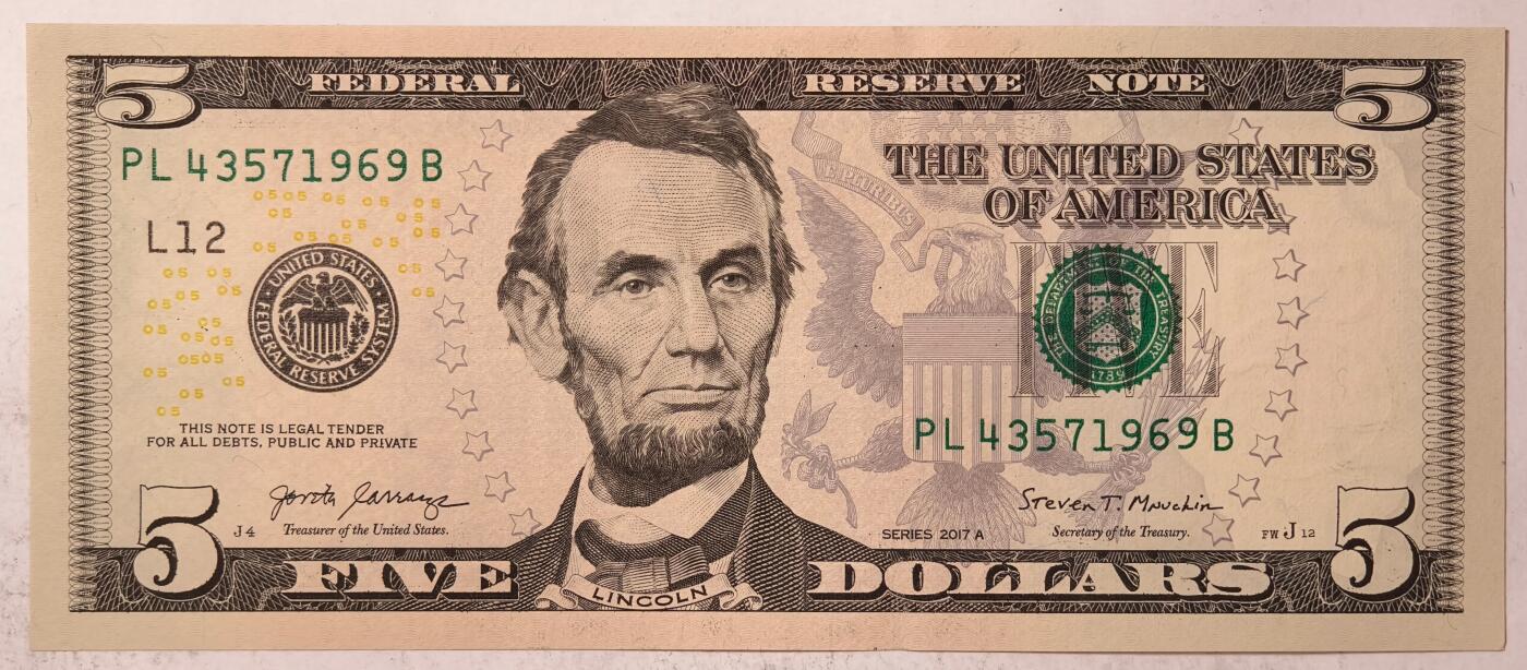 紫瑗钱币——第387期拍卖——纸币场 美国 2017年 L版 A序列 亚伯拉罕·林肯 5美元 彩色版 UNC