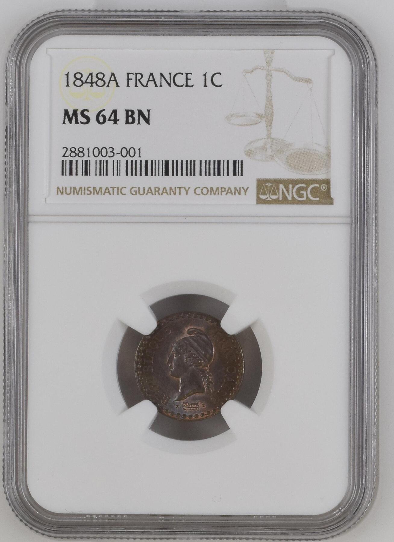 长老汇龙年精选第十场拍卖 1848A 法国1分铜币，NGC MS64BN，更高12枚，实物更漂亮