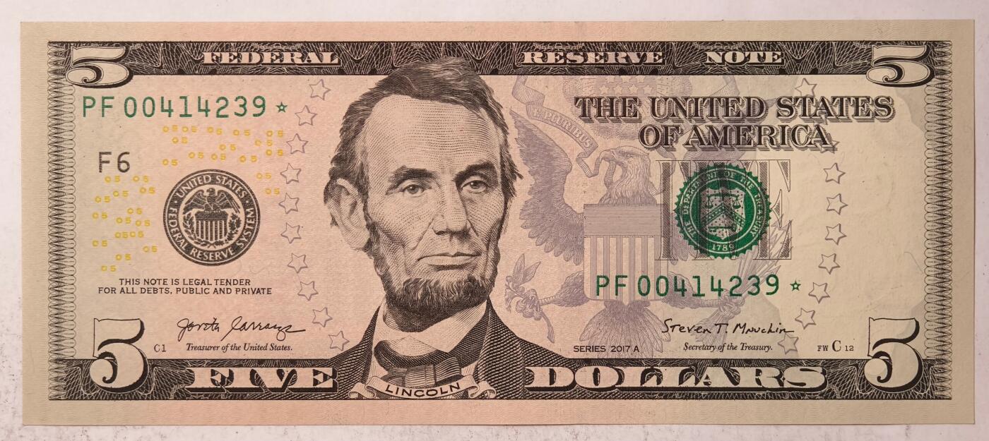 紫瑗钱币——第385期——纸币场 【补号】美国 2017年 F版 A序列 亚伯拉罕·林肯 5美元 彩色版 UNC