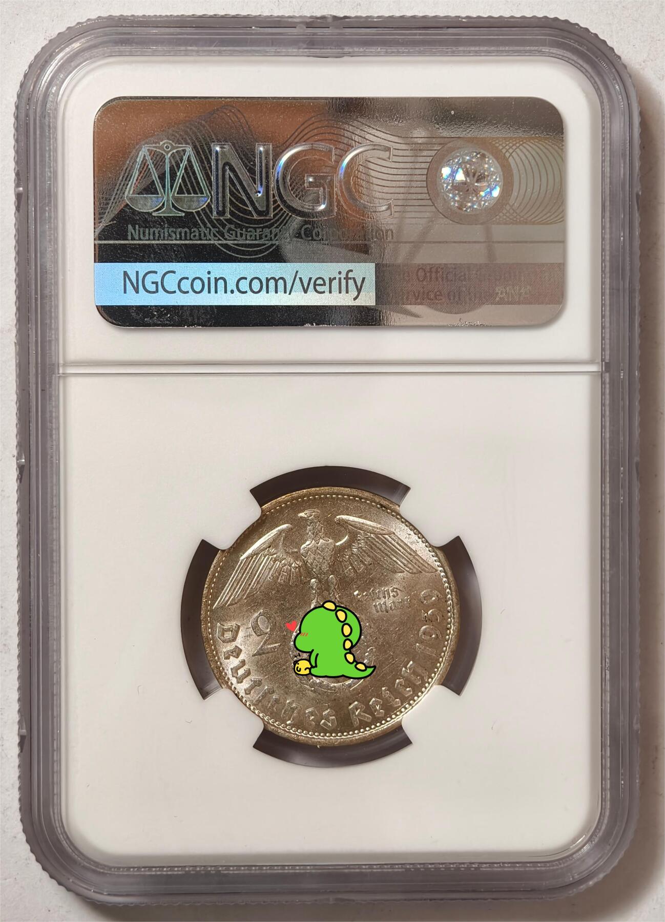 紫瑗钱币——第424期 德国 1939年 B版 兴登堡 字符 2马克 银币 NGC MS62