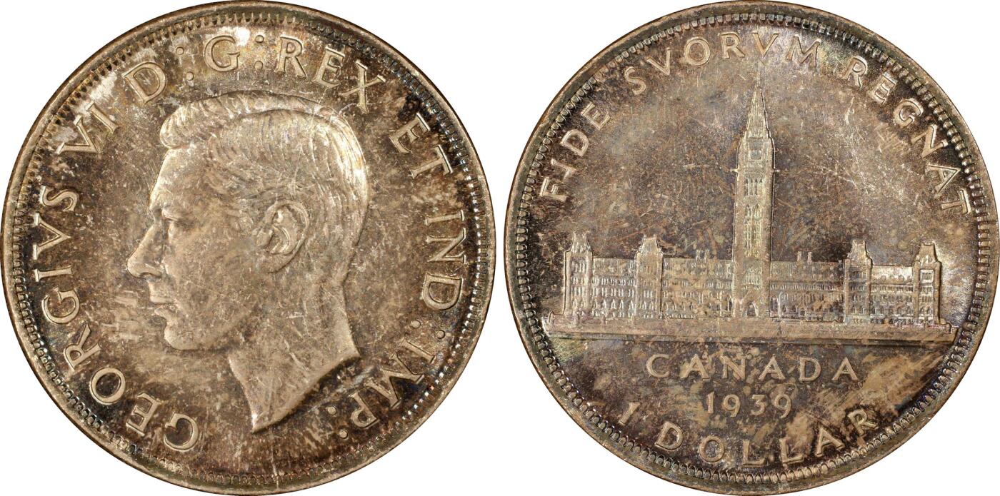 长老汇龙年精选第十场拍卖 1939加拿大乔治六世1加元银币，PCGS MS64分，五彩