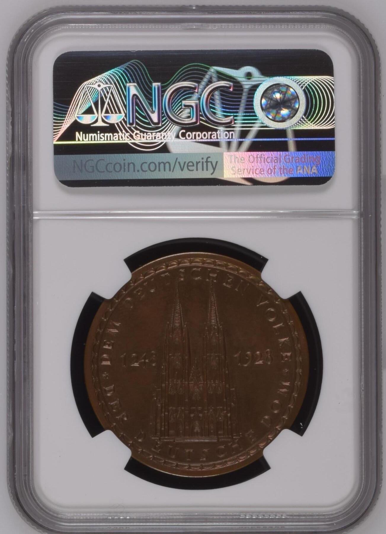 长老汇龙年精选第十场拍卖 1928-DATED 德国科隆大教堂铜章，NGC MS64BN， N盒唯一记录，实物非常漂亮！