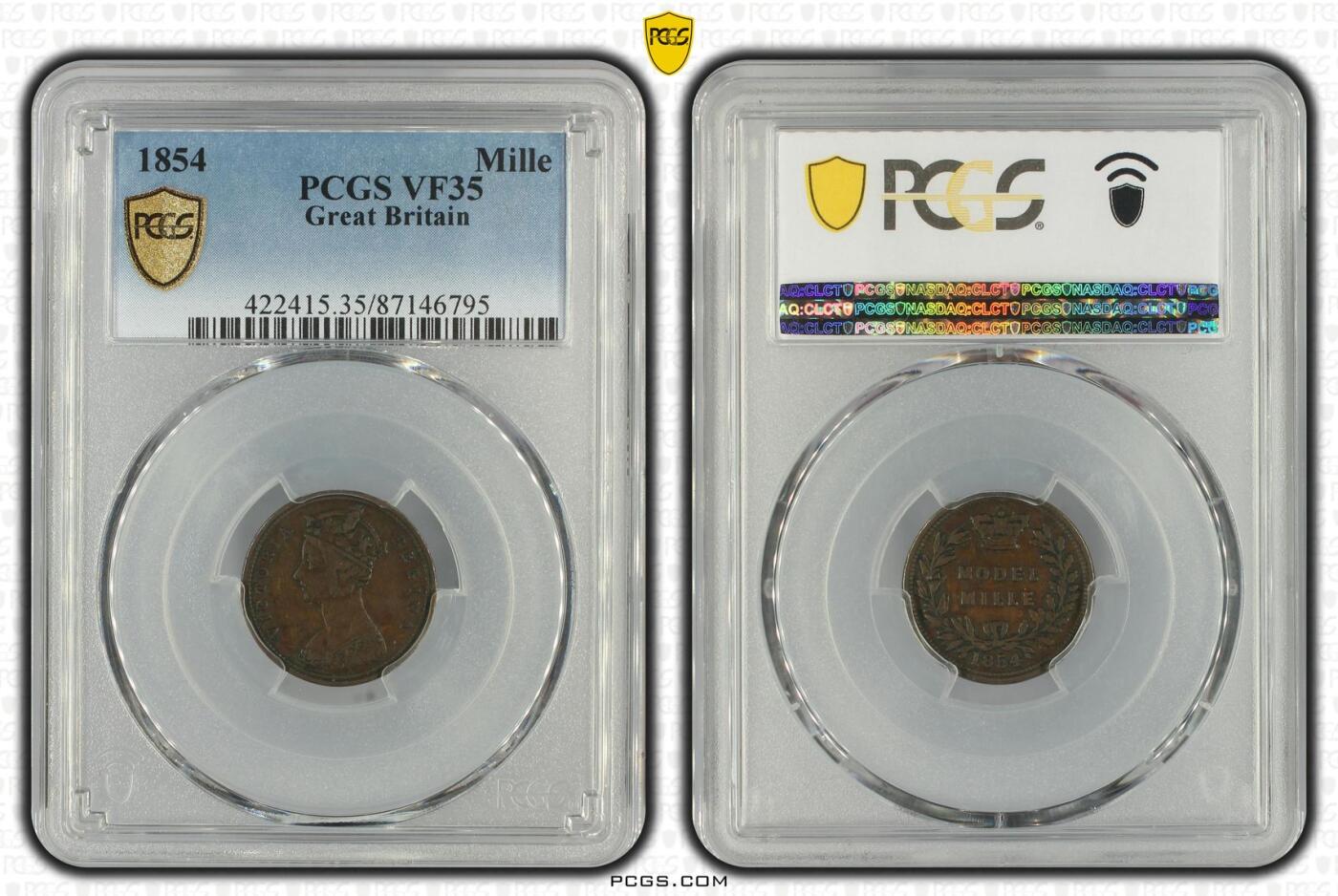 长老汇龙年精选第十场拍卖 1854 英国维多利亚1mille铜样币，PCGS VF35，唯一冠军