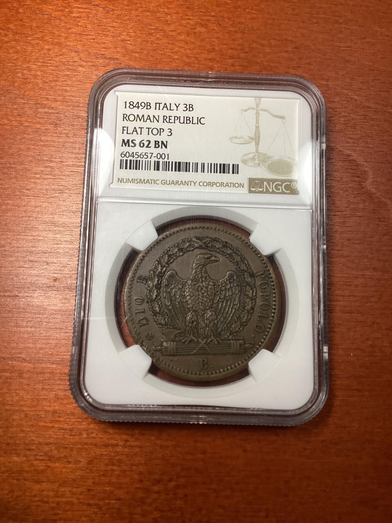 长老汇龙年精选第十场拍卖 1849B意大利罗马共和国3B大铜币，NGC MS62BN，版别：正面平顶数字3，克书MS60分标价200美金