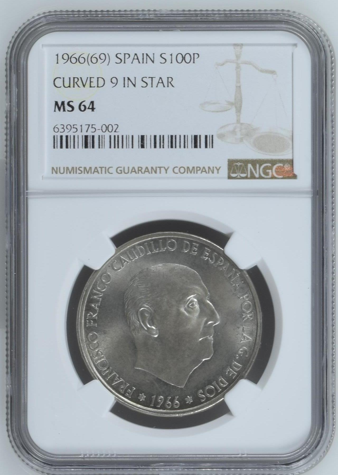 长老汇龙年精选第十场拍卖 1966(69) SPAIN CURVED 9 IN STAR西班牙弗朗哥100比塞塔银币，NGC MS64，版别曲“9”，外网购的，非常贵