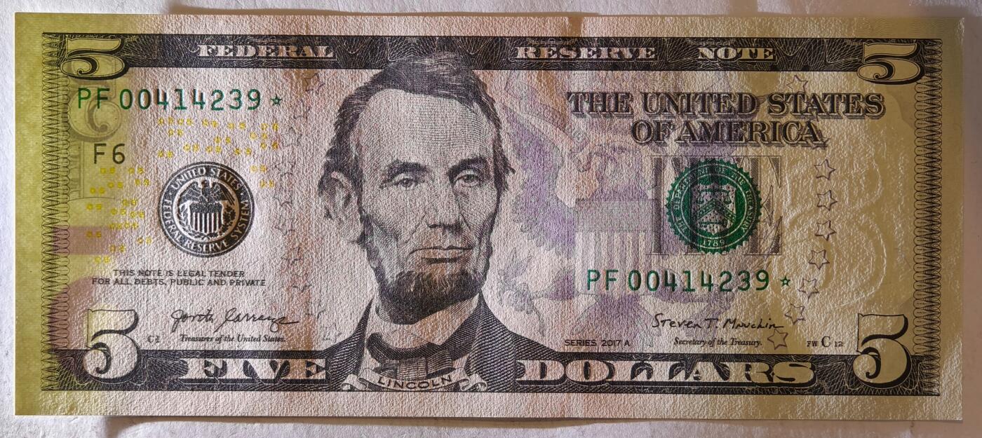 紫瑗钱币——第385期——纸币场 【补号】美国 2017年 F版 A序列 亚伯拉罕·林肯 5美元 彩色版 UNC