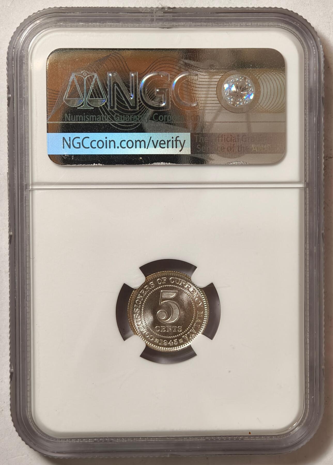紫瑗钱币——第424期 马来亚 1945年 乔治六世 5分 银币 NGC MS64