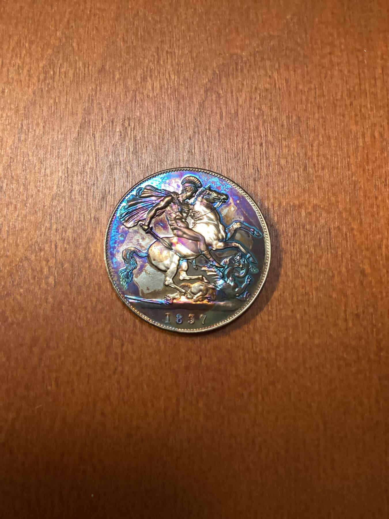 长老汇龙年精选第十场拍卖 1837英国威廉四世1克朗马剑精制铜币，五彩色