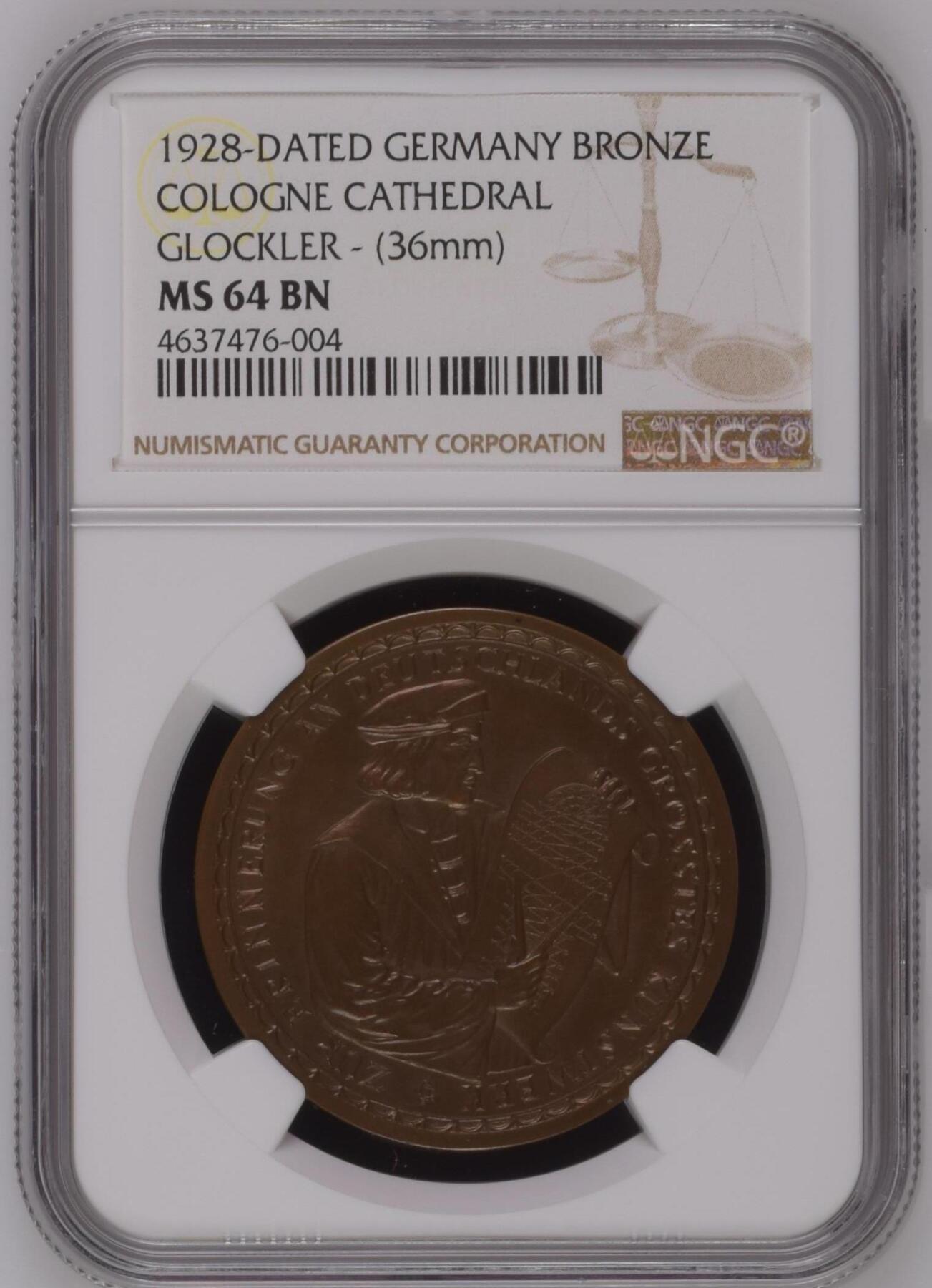 长老汇龙年精选第十场拍卖 1928-DATED 德国科隆大教堂铜章，NGC MS64BN， N盒唯一记录，实物非常漂亮！