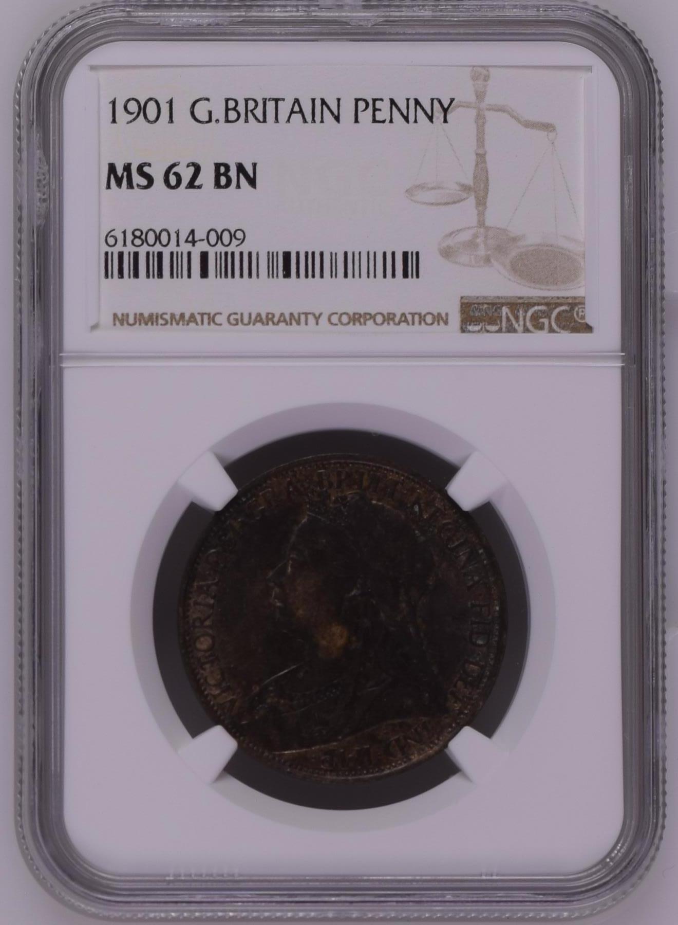 长老汇龙年精选第十场拍卖 1901 英国维多利亚1便士铜币，NGC MS62BN，关门币