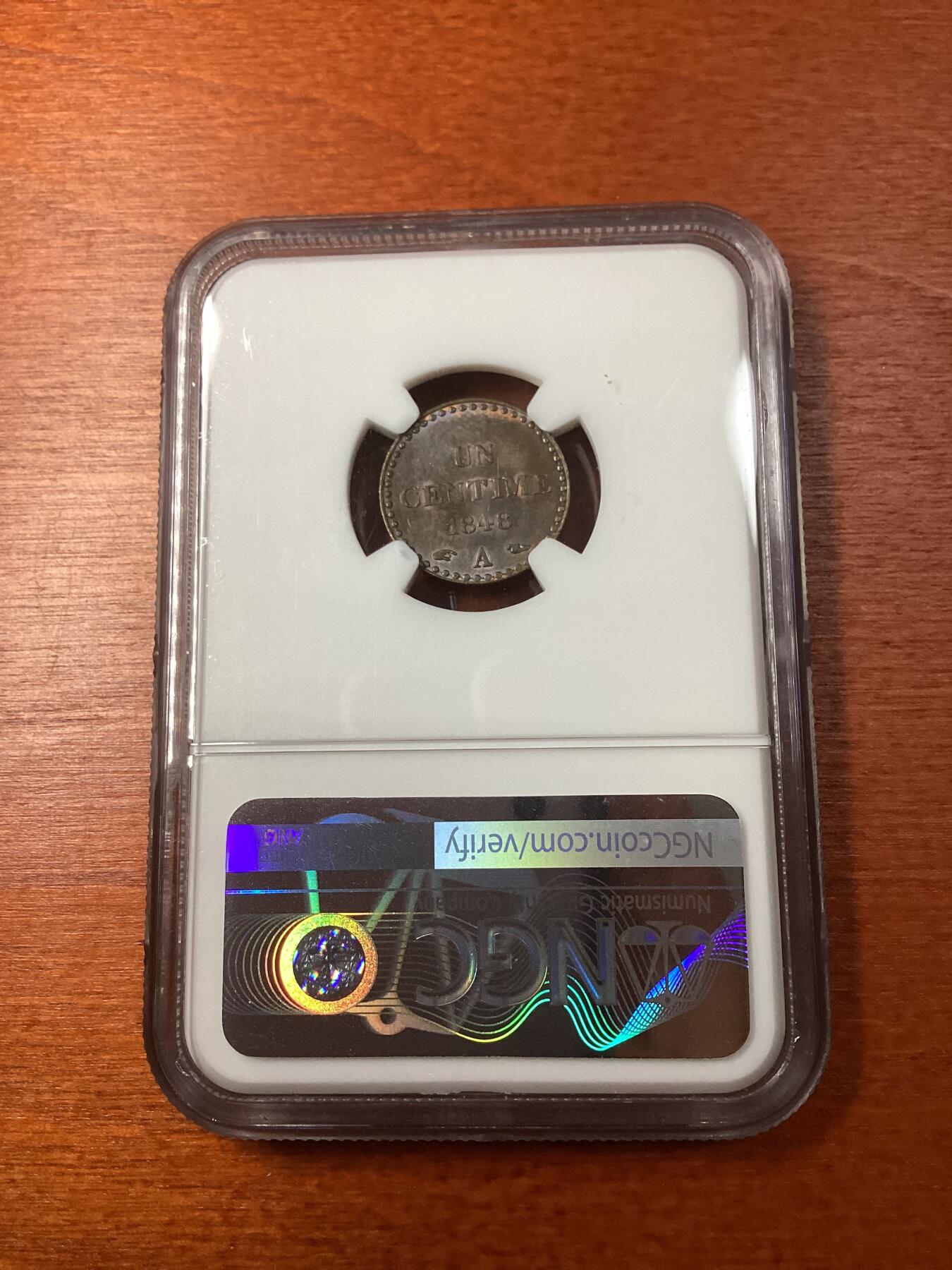 长老汇龙年精选第十场拍卖 1848A 法国1分铜币，NGC MS64BN，更高12枚，实物更漂亮
