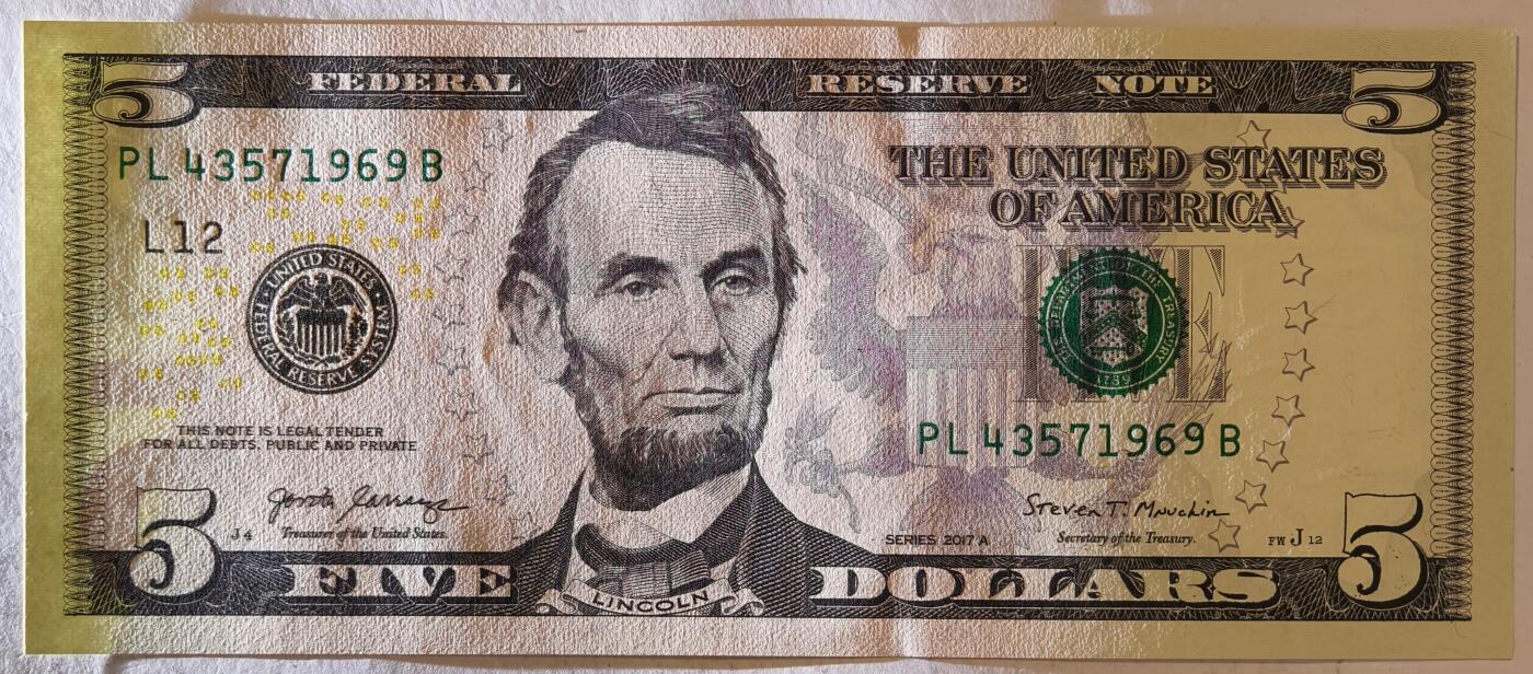 紫瑗钱币——第387期拍卖——纸币场 美国 2017年 L版 A序列 亚伯拉罕·林肯 5美元 彩色版 UNC