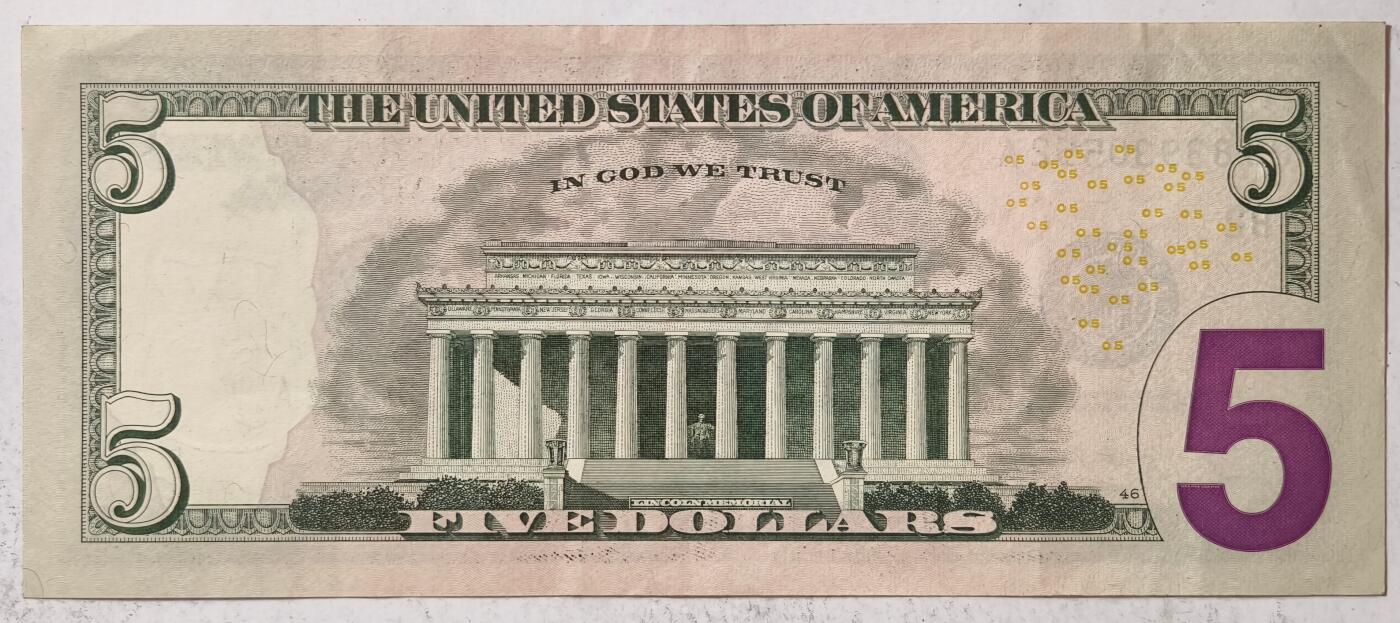 紫瑗钱币——第385期——纸币场 美国 2017年 B版 A序列 亚伯拉罕·林肯 5美元 彩色版 AU