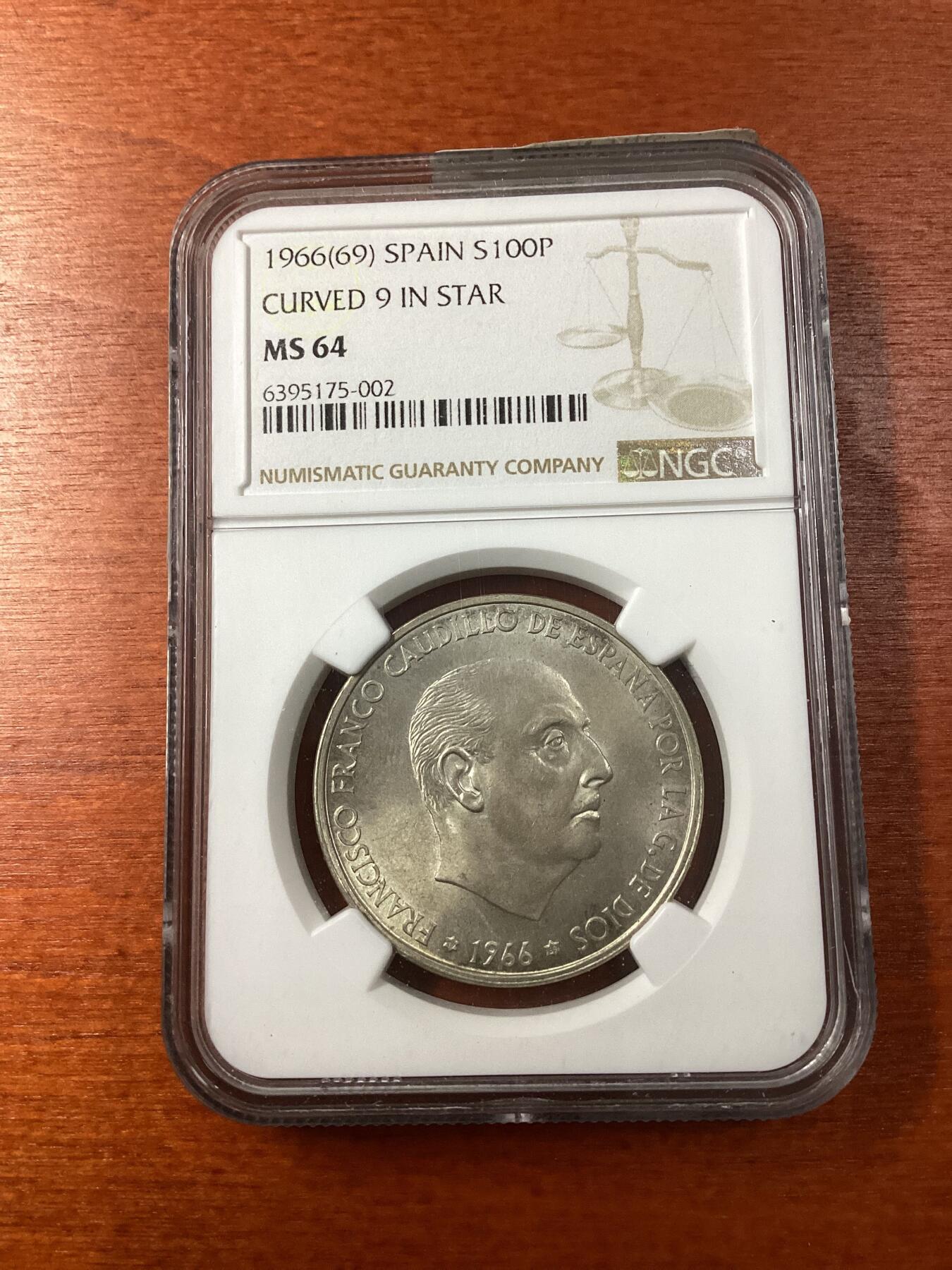 长老汇龙年精选第十场拍卖 1966(69) SPAIN CURVED 9 IN STAR西班牙弗朗哥100比塞塔银币，NGC MS64，版别曲“9”，外网购的，非常贵