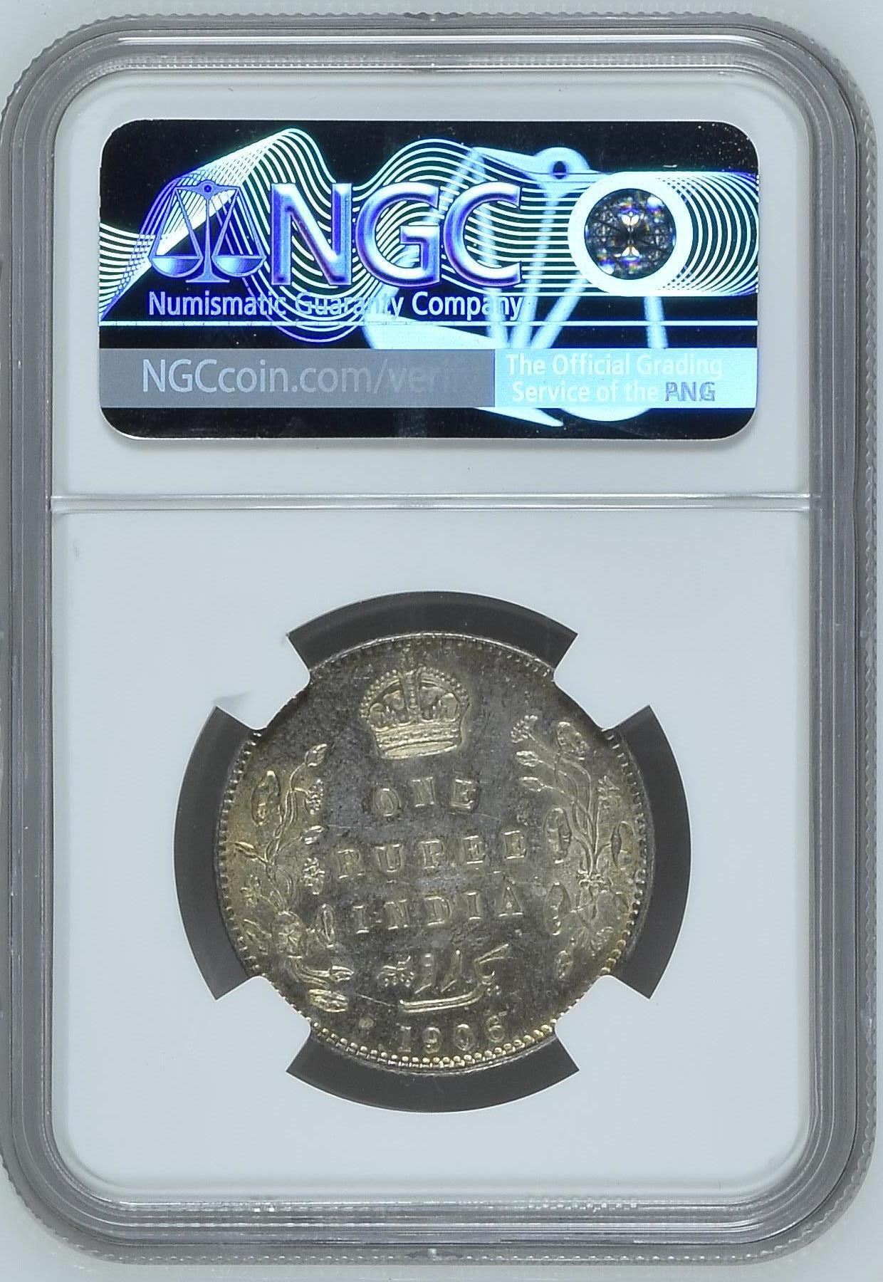长老汇龙年精选第十场拍卖 1906B 英属印度爱德华七世1卢比银币，NGC MS62，五彩，更高20枚