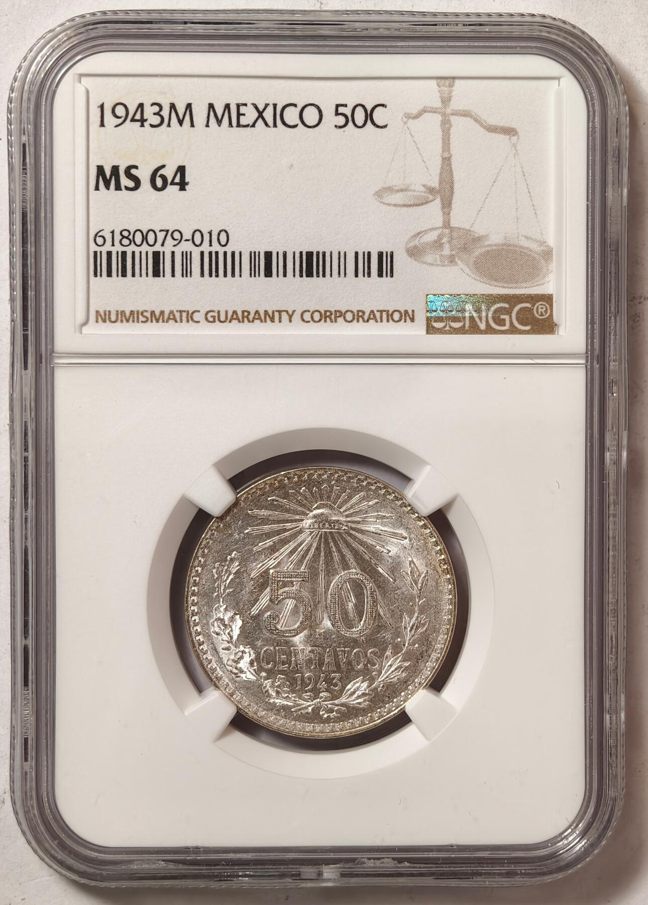 紫瑗钱币——第424期 墨西哥 1943年 M版 鹰洋 50分 银币 NGC MS64