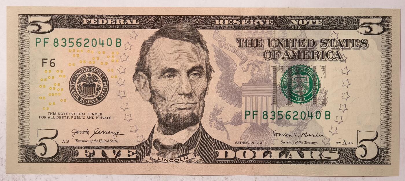 紫瑗钱币——第385期——纸币场 美国 2017年 F版 A序列 亚伯拉罕·林肯 5美元 彩色版 UNC