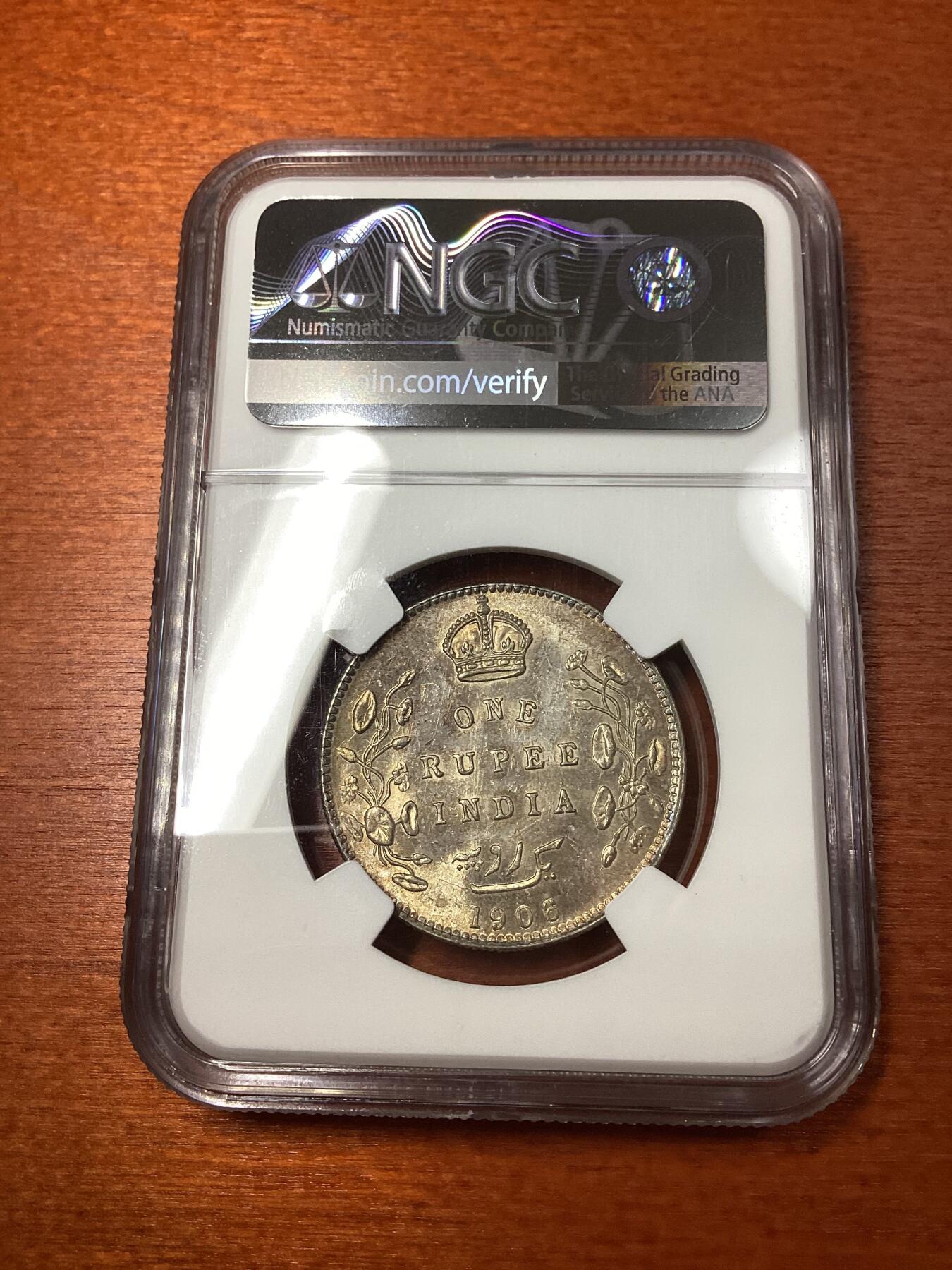 长老汇龙年精选第十场拍卖 1906B 英属印度爱德华七世1卢比银币，NGC MS62，五彩，更高20枚