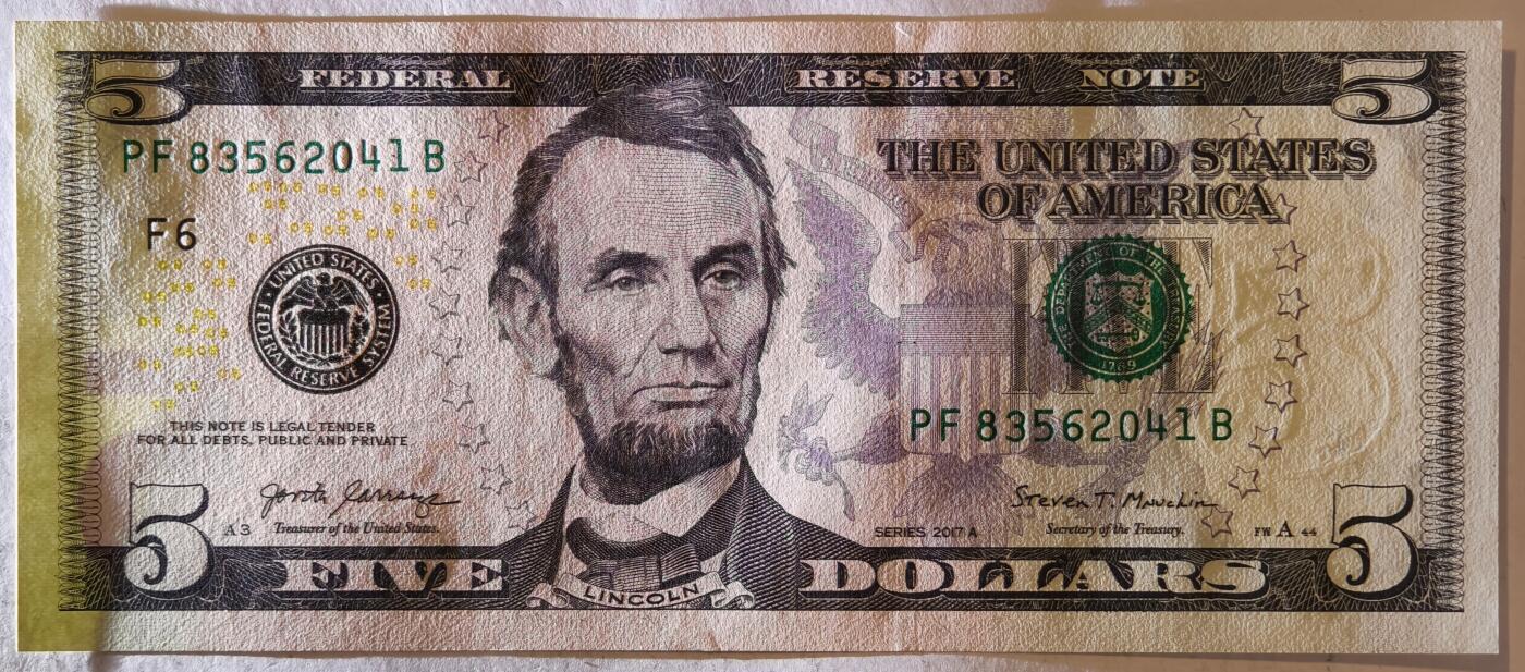 紫瑗钱币——第387期拍卖——纸币场 美国 2017年 F版 A序列 亚伯拉罕·林肯 5美元 彩色版 UNC