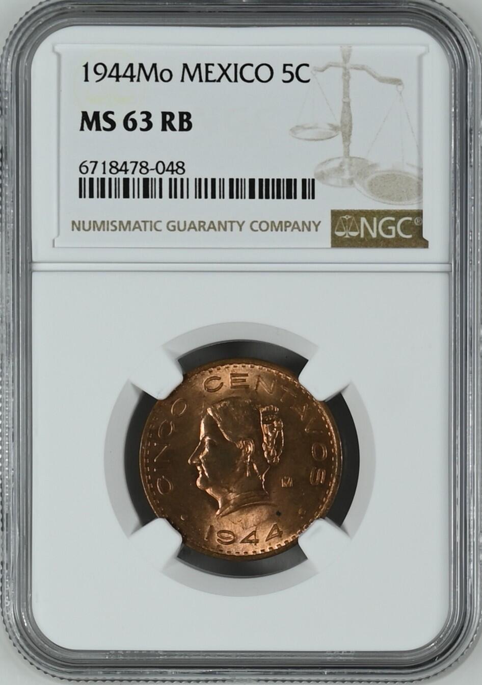 长老汇龙年精选第十场拍卖 1944Mo 墨西哥5分铜币，NGC MS63RB，更高13枚