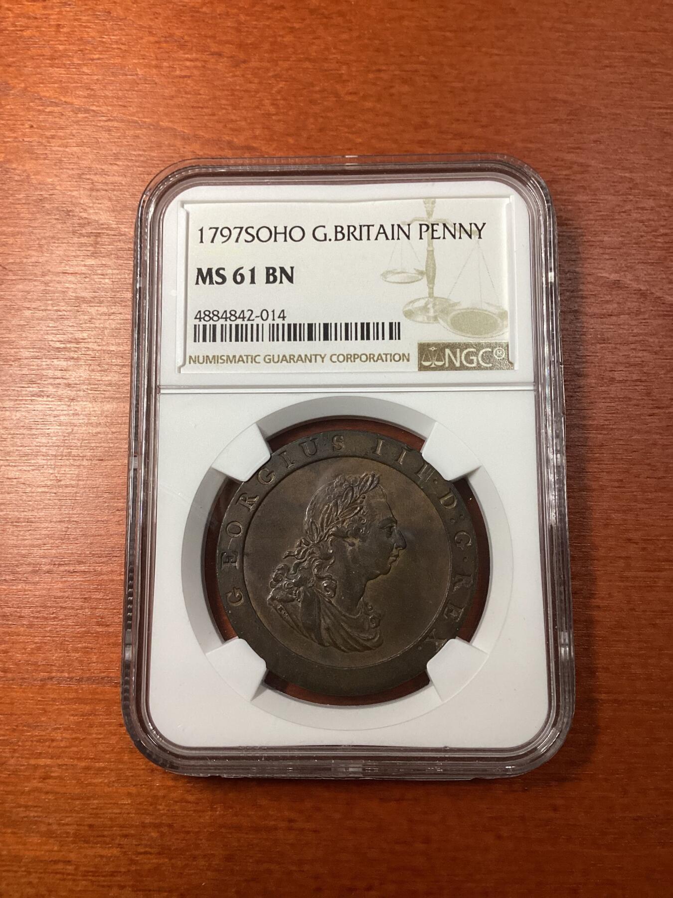 长老汇龙年精选第十场拍卖 1797SOHO 英国乔治三世车轮一便士大铜币，NGC MS61BN，SOHO厂出品，现在工业的杰作