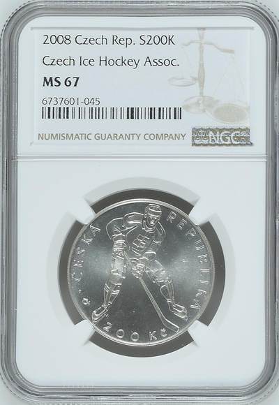 长老汇马年精选第七场拍卖 - 2008 捷克冰球协会百周年200克朗银币，NGC MS67，唯一冠军