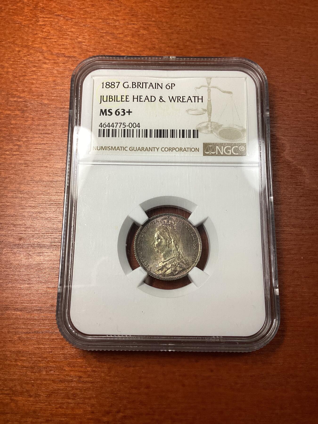 长老汇龙年精选第十场拍卖 1887英国维多利亚高冠6便士银币，NGC MS63+