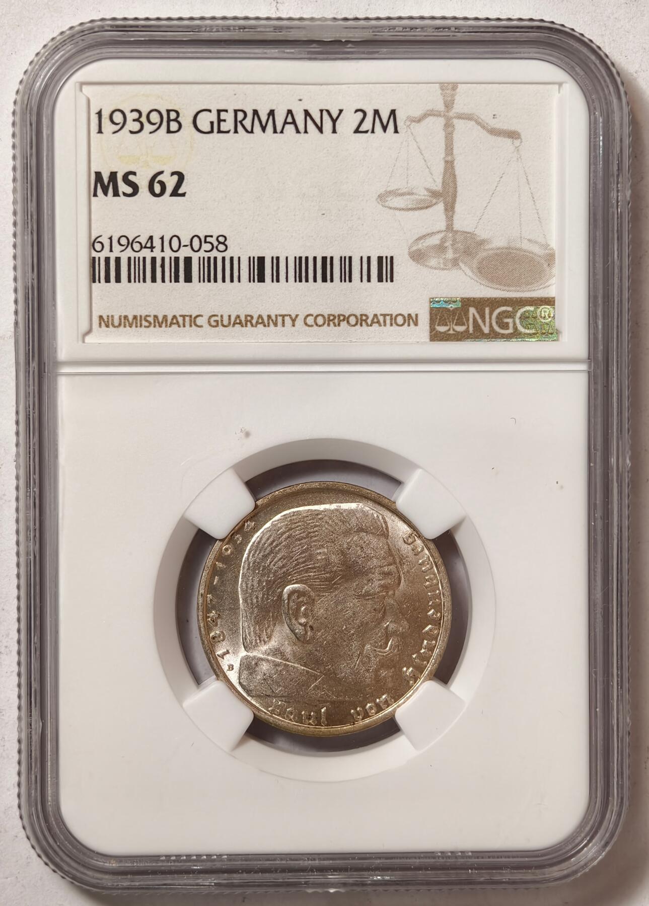 紫瑗钱币——第424期 德国 1939年 B版 兴登堡 字符 2马克 银币 NGC MS62