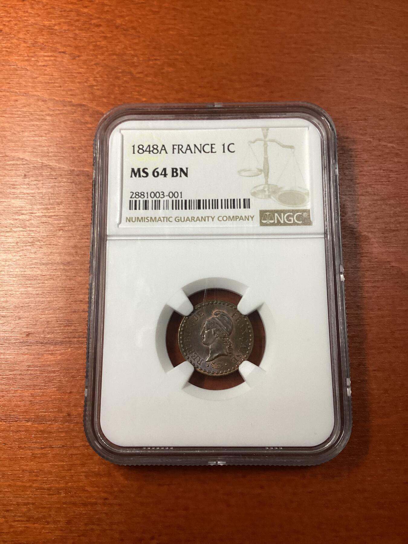 长老汇龙年精选第十场拍卖 1848A 法国1分铜币，NGC MS64BN，更高12枚，实物更漂亮