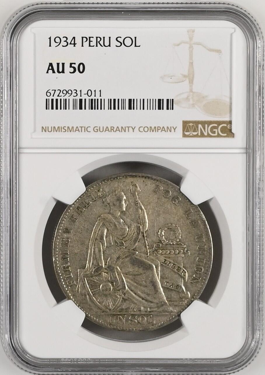 长老汇龙年精选第十场拍卖 1934 秘鲁自由女神坐像1索尔银币，NGC AU50，热门