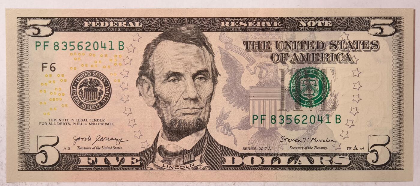 紫瑗钱币——第387期拍卖——纸币场 美国 2017年 F版 A序列 亚伯拉罕·林肯 5美元 彩色版 UNC