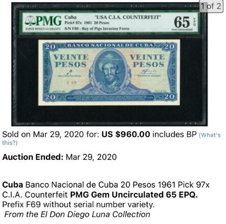 【Blue Auction】✨世界纸币精拍第504期【精】 【美国C.I.A仿制的假票非常少】古巴 1961年20比索 PMG66EPQ 