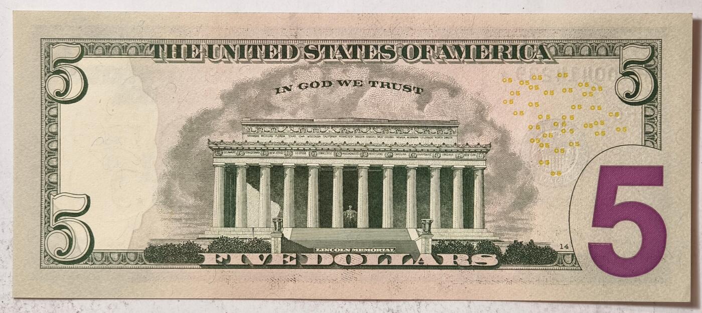 紫瑗钱币——第385期——纸币场 【补号】美国 2017年 F版 A序列 亚伯拉罕·林肯 5美元 彩色版 UNC