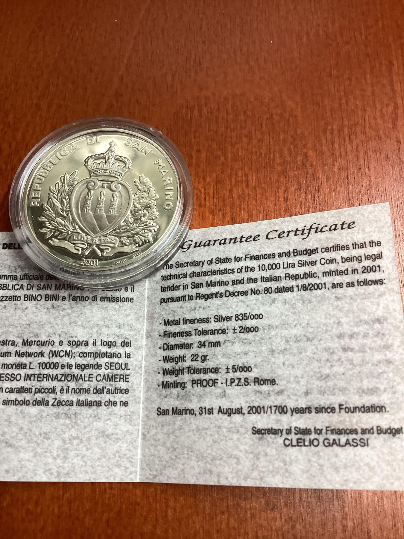 长老汇龙年精选第十场拍卖 2001圣马力诺第二届国际商会大会10000里拉精制银币，盒证全