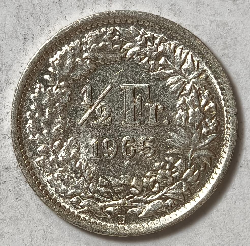 紫瑗钱币——第424期 瑞士 1965年 B版 赫尔维蒂女神 1/2法郎 2.5克 0.835银 UNC