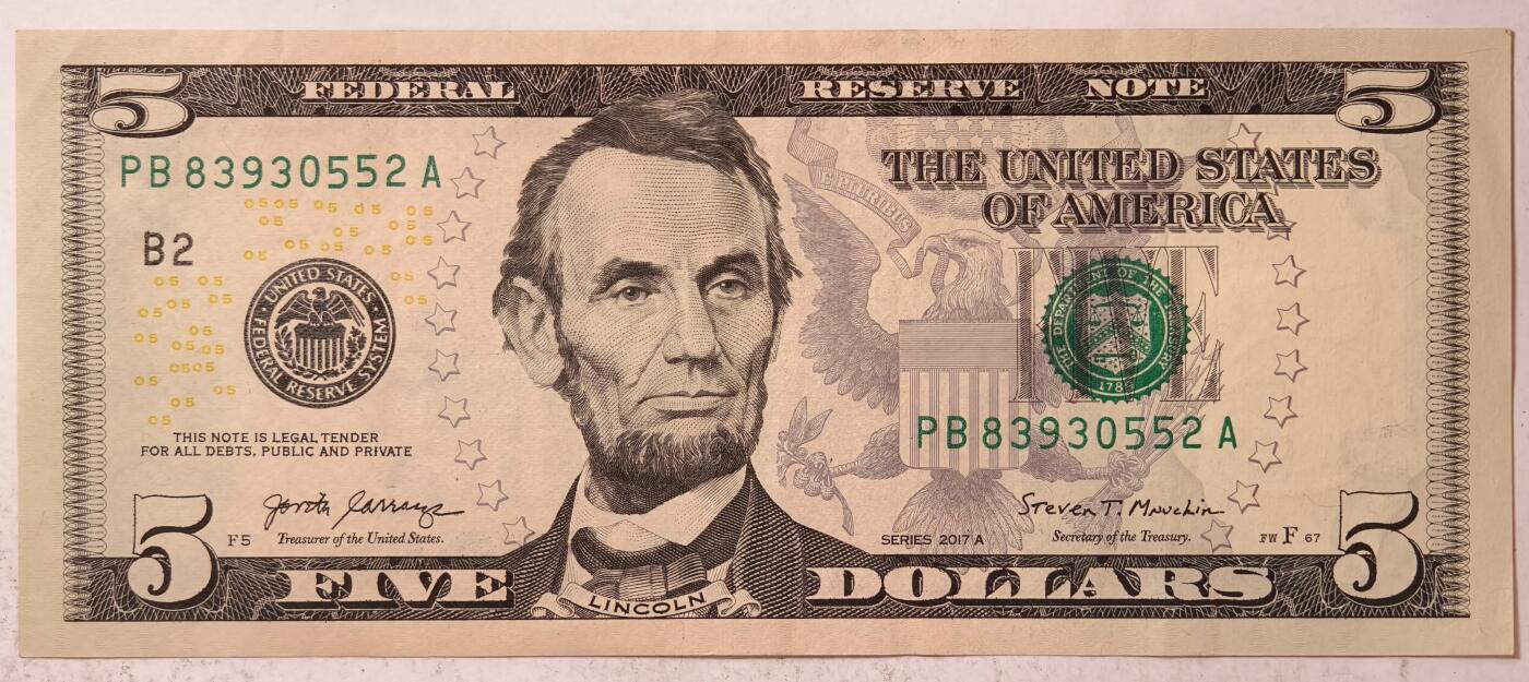 紫瑗钱币——第385期——纸币场 美国 2017年 B版 A序列 亚伯拉罕·林肯 5美元 彩色版 AU