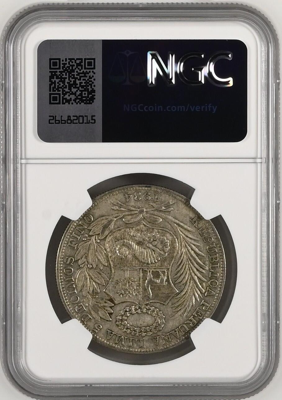 长老汇龙年精选第十场拍卖 1934 秘鲁自由女神坐像1索尔银币，NGC AU50，热门