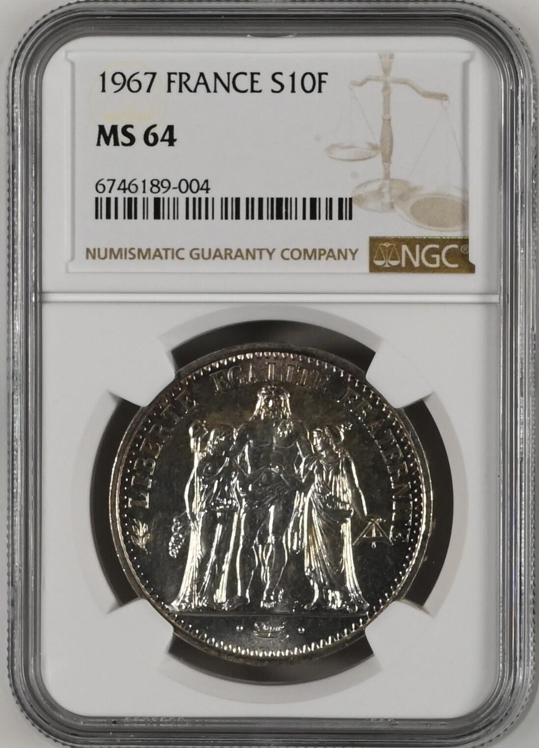 长老汇龙年精选第十场拍卖 1967 法国大力神10法郎大银币，NGC MS64