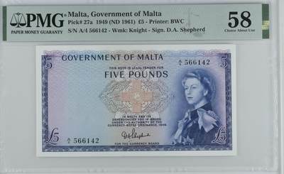 Malta, Government of Malta, £5 1949 (ND 1961) - Printer: BWC - Malta, Government of Malta, £5 1949 (ND 1961) - Printer: BWC