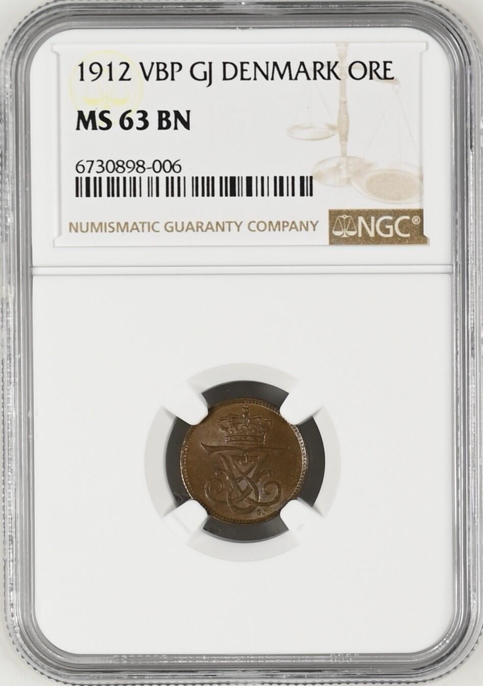 长老汇龙年精选第十场拍卖 1912 VBP GJ 丹麦1欧尔铜币，NGC MS63BN