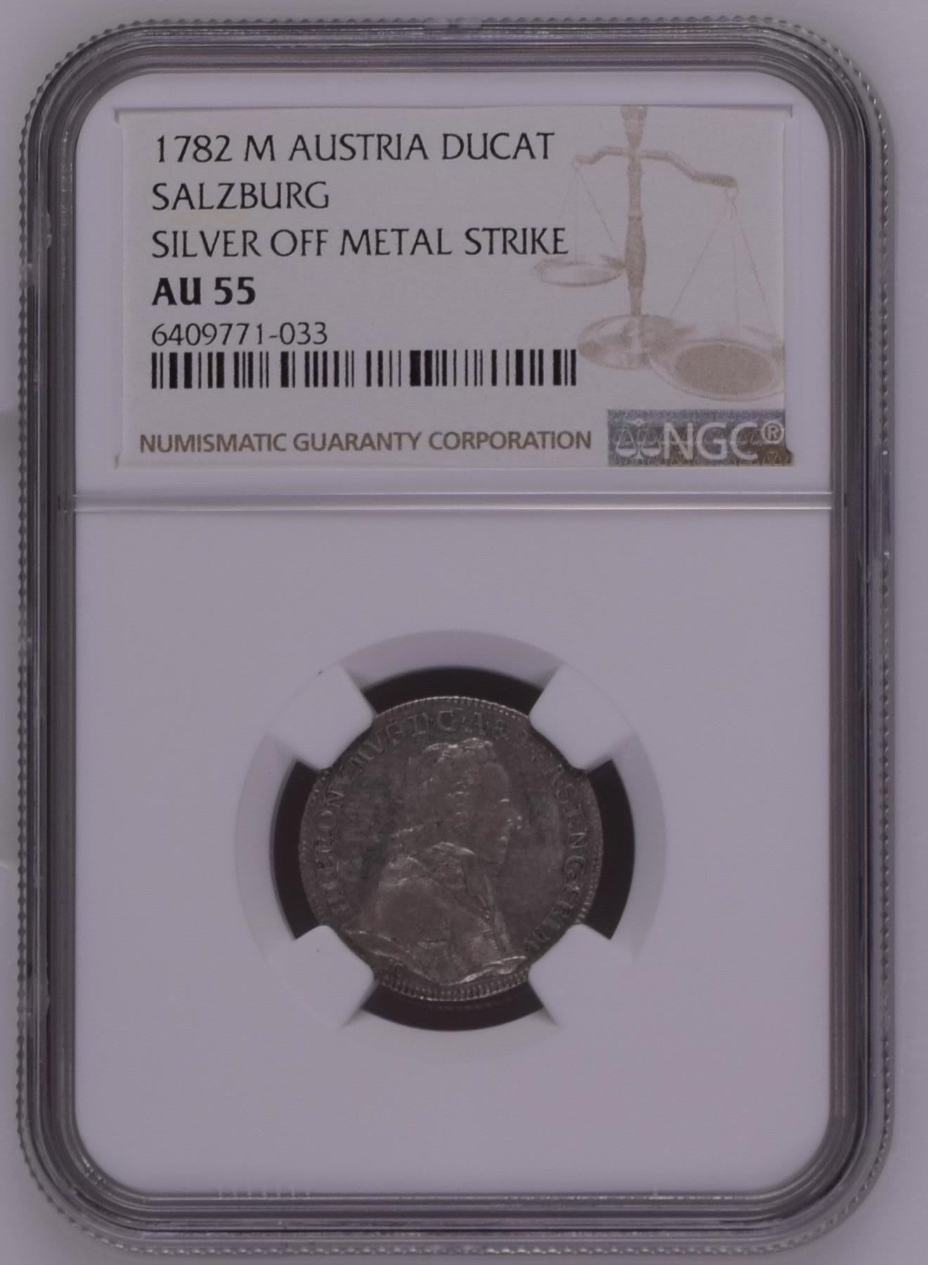 长老汇龙年精选第十场拍卖 1782 M 奥地利萨尔茨堡1杜卡特银币，NGC AU55，更高分8枚，“OFF METAL STRIKE”错版币的一种，底板用错，应该用黄金底板