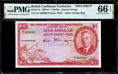 【Blue Auction】✨世界纸币精拍第507期【精】 - 【唯一冠军分罕见】英属东加勒比领地 1950年1元 BWC出品 雕刻精美 英王乔治六世 大地图 PMG66EPQ  A/1冠样钞 值得收藏 