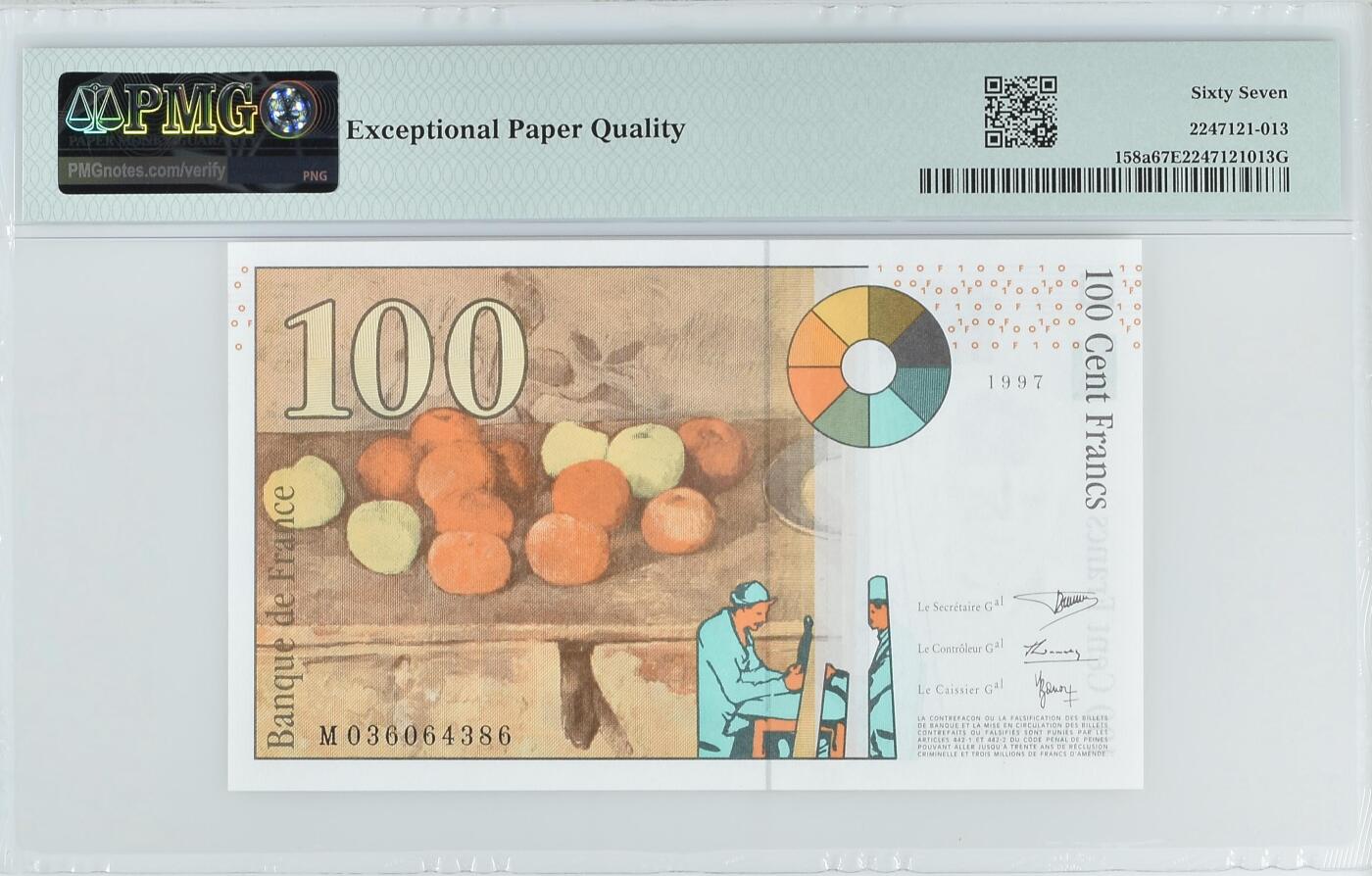收藏联盟Quantum Auction 第362期拍卖  法国1997-98年100法郎 PMG67 画家塞尚