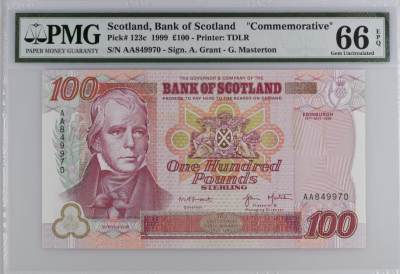 《张总收藏》159期-外币周日畅拍场 - 苏格兰银行1999年AA冠100镑最高值PMG66E亚军分 Pick#123c 冠军67分仅7张