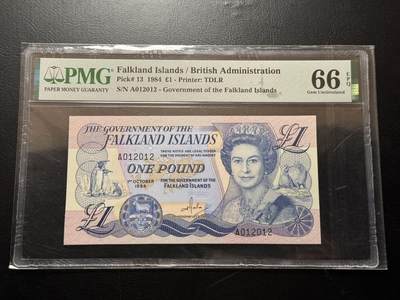 第六十六场，TQG&PMG荟萃 - 法兰克群岛1984年1镑，pmg66E！pmg标志的重复号！A冠首发！
