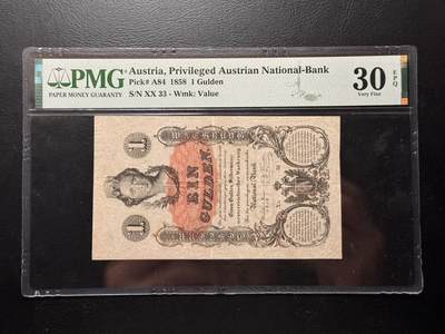 第六十六场，TQG&PMG荟萃 - 奥地利1858年1盾 PMG30EPQ原票！1858年纸币，极其罕见！