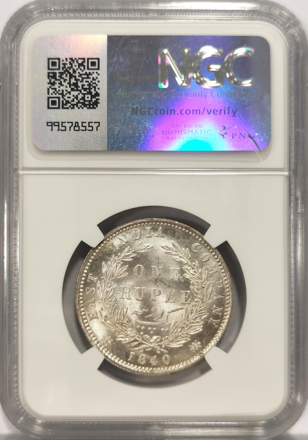 博洋堂世界钱币拍卖第084期（全场包邮） NGC MS63 英属东印度公司1840年B&C版维多利亚1卢比银币，双辫版