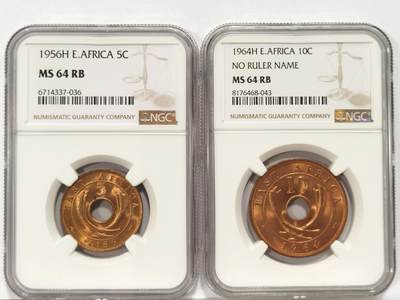 博洋堂世界钱币拍卖第129期（全场包邮） NGC MS64RB 英属东非1956/64年伊丽莎白二世5分、10分铜币2枚一对