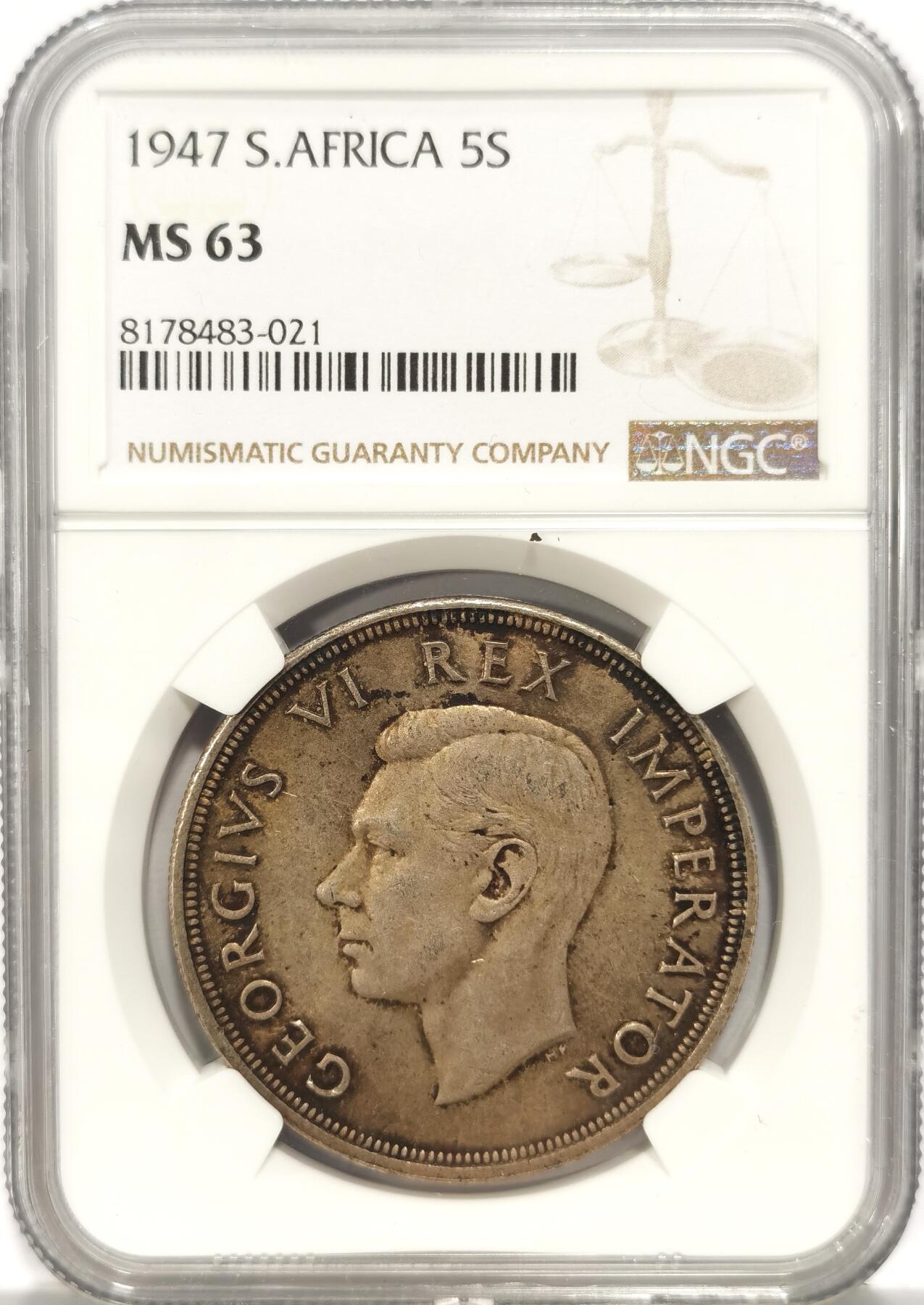 博洋堂世界钱币拍卖第084期（全场包邮） NGC MS63 英属南非1947年乔治六世5先令银币，极美黄油彩